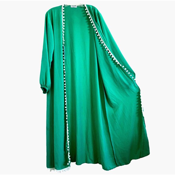 CP FUSAO sz M / L NAMI GREEN WHITE POM LONG BEACH SWIM COVER FLOWY DUSTER TUNIC - Picture 1 of 4